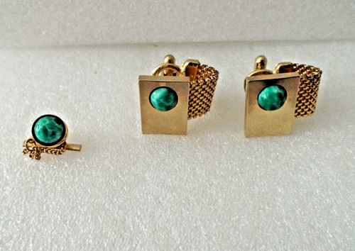 ***60s gold tone CUFFLINKS Turquoise stone + Tie Tack!! - Picture 2 of 5