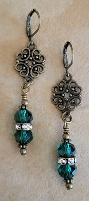 Green Crystal Clear Rhinestone Rondelle Filigree Earrings Bronze Brass LeverBack