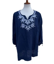 JM Collection NWT Isla Paradiso Women's Navy Blue 100% Linen Blouse Size 16W
