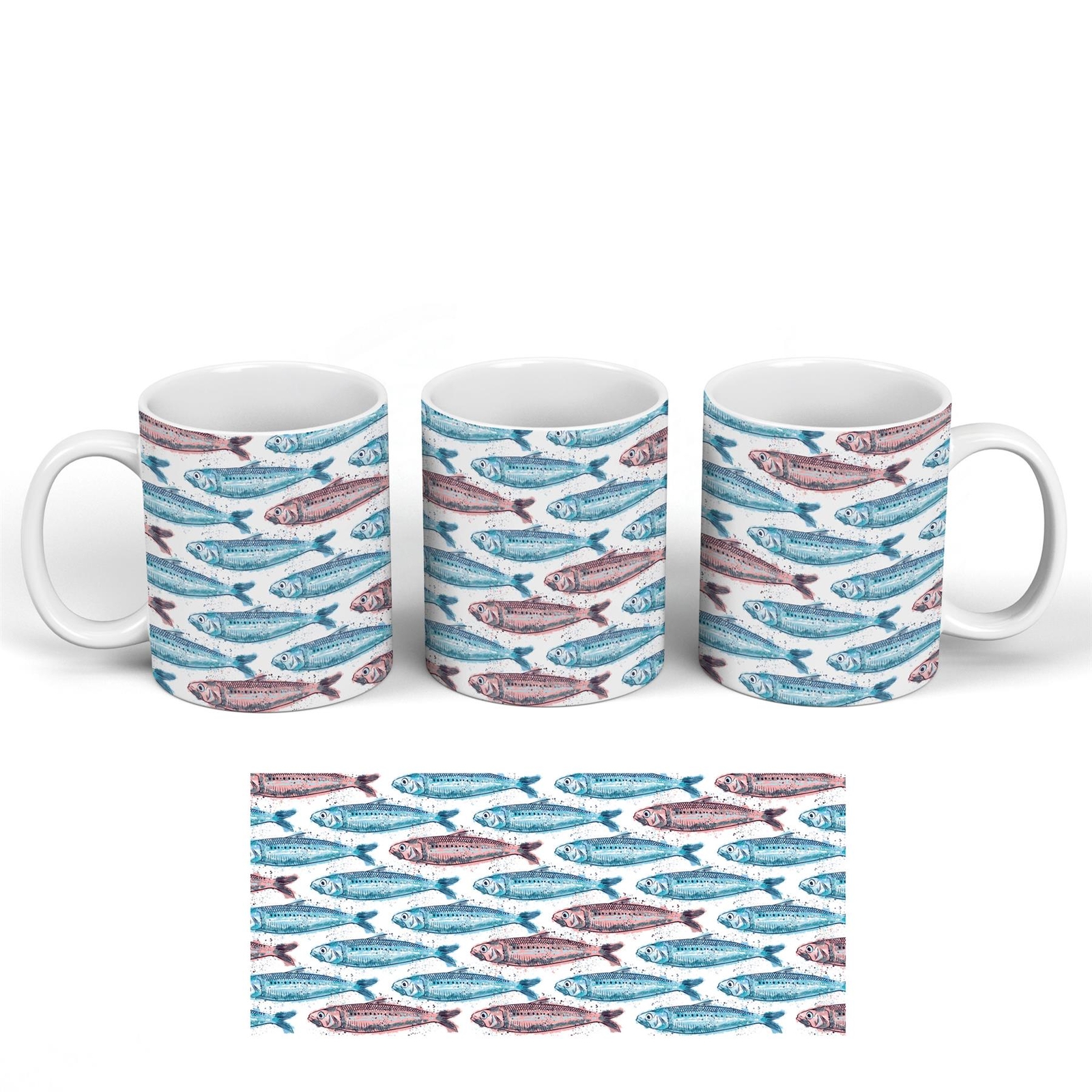 SARDINE PATTERN NAUTICAL WATERCOLOUR EFFECT CERAMIC MUG
