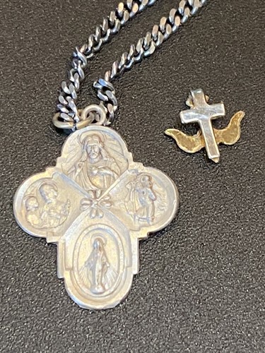 Catholic Vintage Silver 4 Way Protection Cross Religious Medal Pendant w/ Bird - Picture 4 of 6
