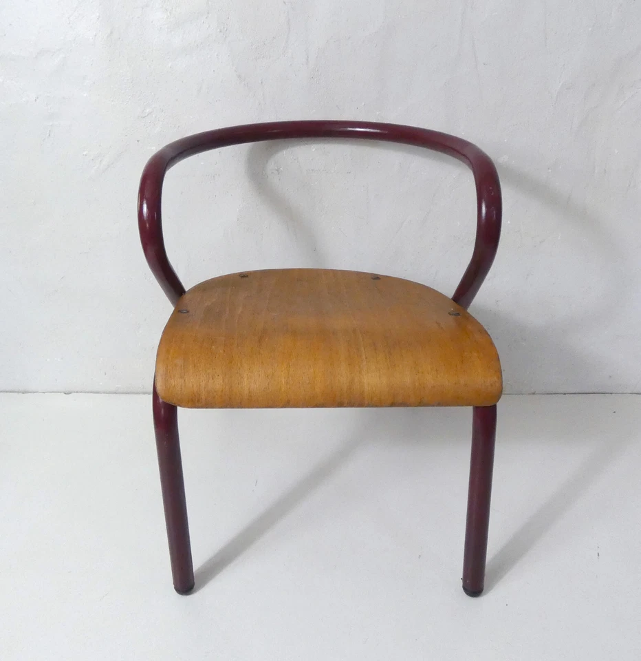 Chaise enfant design vintage Jacques Hitier métal tubulaire bois courbé - Photo 2/4