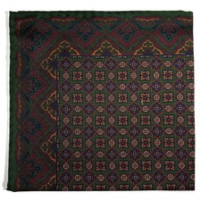 Forest Green  Bronze Geometric Ancient Madder Silk Pocket Square Hand-Rolled 
