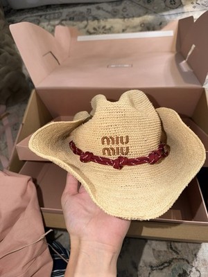 Miu Miu Raffia Crochet Cowboy Hat Beige/Red S Buckle Embroidered
