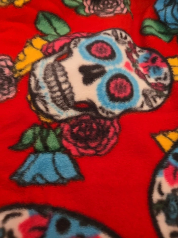 Sugar Skull Day Of Dead Roses Fleece 1.5 Yard X 60" PRECUT  Fabric DIY Red Blue - Image 2 of 4