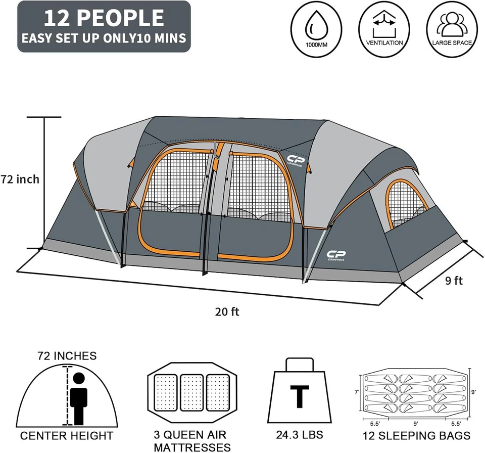 Tienda 12 personas-camping-tiendas de campaña, carpas familiares para 3 habitaciones, impermeable a prueba de viento Foto 2 de 4