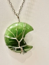 New Moon Stone Pendant Necklace Two One  Green /brown Adjustable W/box X MAS