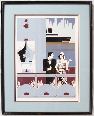 Del Valle   ''Penthouse,'' Art Deco Couple & Ocean Liner, Signed 166/395, Framed