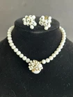 Vintage 1960's White Milk Glass Bead Necklace Floral Clasp-Cluster Bead Earrings