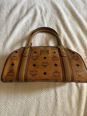 #ad MCM Women’s Brown Monogram Satchel Top Handle Zip Bag w Gold Hardware Studs $350.00