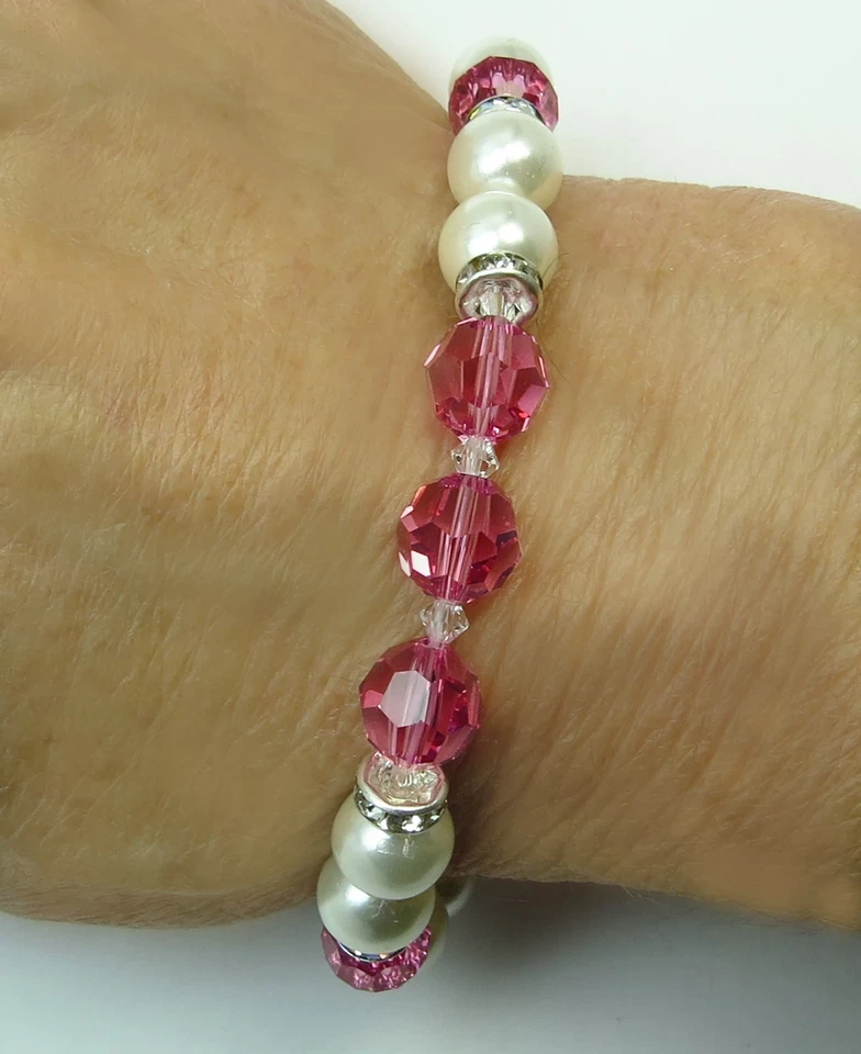 Handmade Beaded Stretch October Birthstone Bracelet: Rose Sapphire Czech Crystal - Image 4 of 4