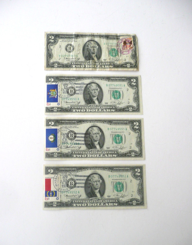 1976 $2 GREEN SEAL U.S. FIRST DAY STAMPED FEDERAL RESERVE NOTES – UNC –LOT OF 4!
