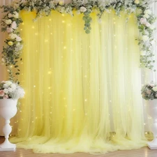 10ft x 10ft Yellow Backdrop Curtain with Lights String for Parties Sheer Tull...