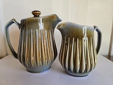 Wade Irish Porcelain Pottery Green Blue Brown Rain Drop Coffee/Tea Pot + Pitcher