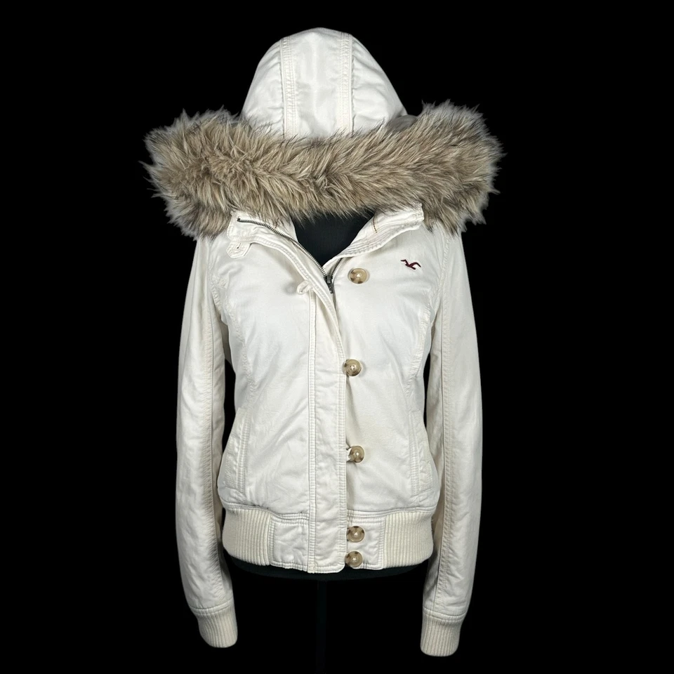 VTG Hollister Faux Fur Lined Bomber Jacket Y2K Beige Puffy Sherpa Hooded Large - Image 3 of 4
