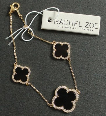 Rachel Zoe Triple Clover Black Onyx CZ Gold Plated Sterling Silver Bracelet