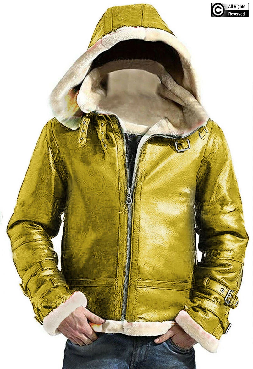 Yellow leather jacket sales with fur collar