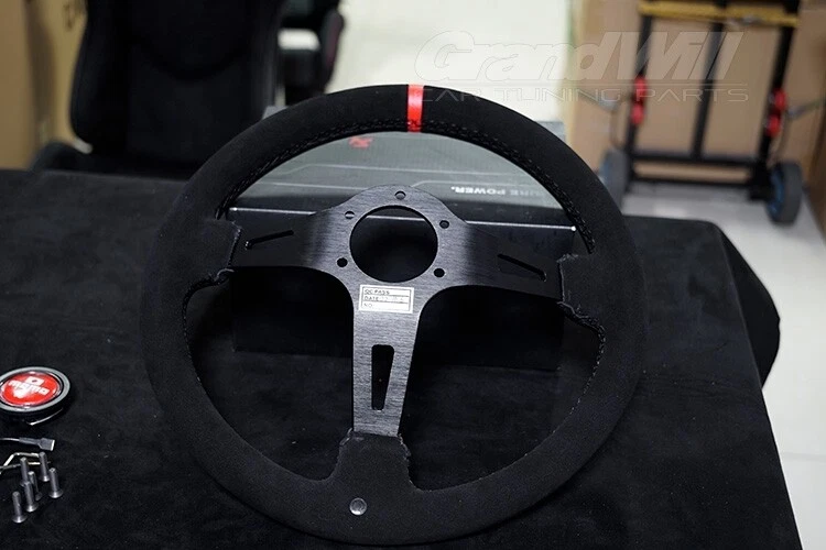MOMO Suede Leather Deep Dish Racing Red horn Steering Wheel Black Red 13in - Image 4 of 4