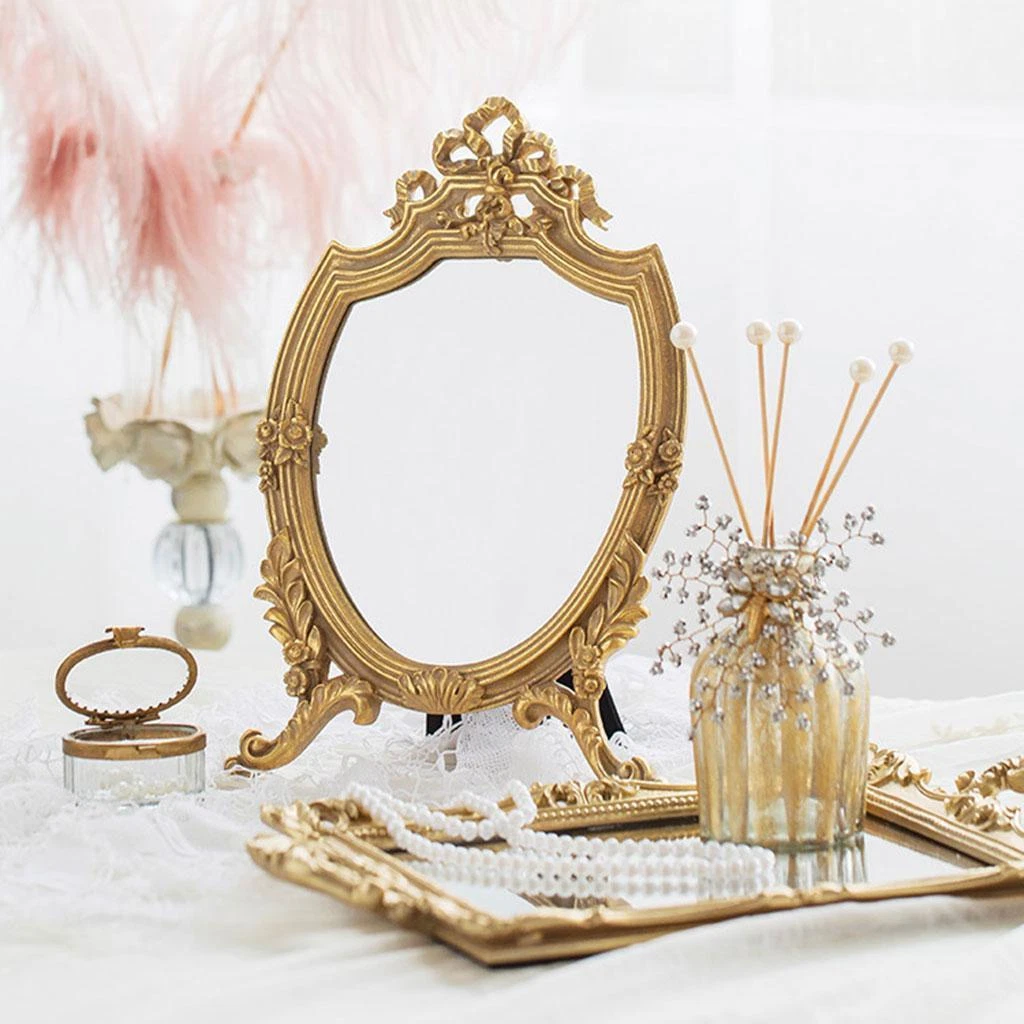 Carved Golden Decorative Makeup Mirror with Stand Dresser Mirrors
