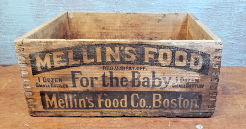 Antique Mellin's Food Co. Boston Wooden Crate Dovetailed Baby Food Advertising - Picture 1 of 12