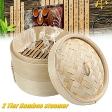 8'' Wooden Dim Sum Bamboo Steamer 2 Tier Dumplings Basket Steam Cooker Rice Cook