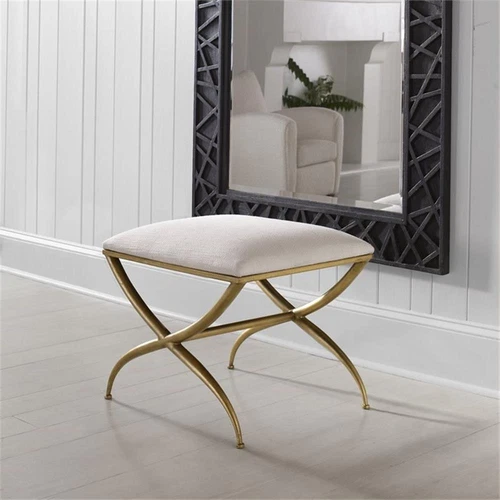 Uttermost Crossing Contemporary Iron and Fabric Small Bench in White/Gold - Picture 2 of 6
