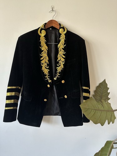 Goojixifu M Captains Blazer Classic Embroidered Shawl Lapel Velvet Suit Jacket - Picture 5 of 14