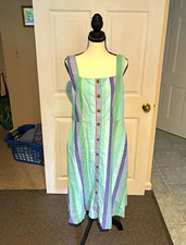 Talbots Striped Square Neck Sleeveless Midi A-Line Dress Size 8 Blue Green