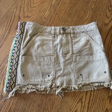 Free People Utility Cargo Mini Skirt Women's 27 Tan Canvas Raw Hem embroidered