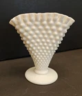 VINTAGE WHITE MILK GLASS HOBNAIL FAN VASE V SHAPED WITH RUFFLED TOP 6"