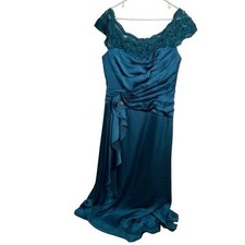 Jade Couture Women’s Size 14 Gown Teal Blue Green Lace Ruffle Rhinestone Ruched