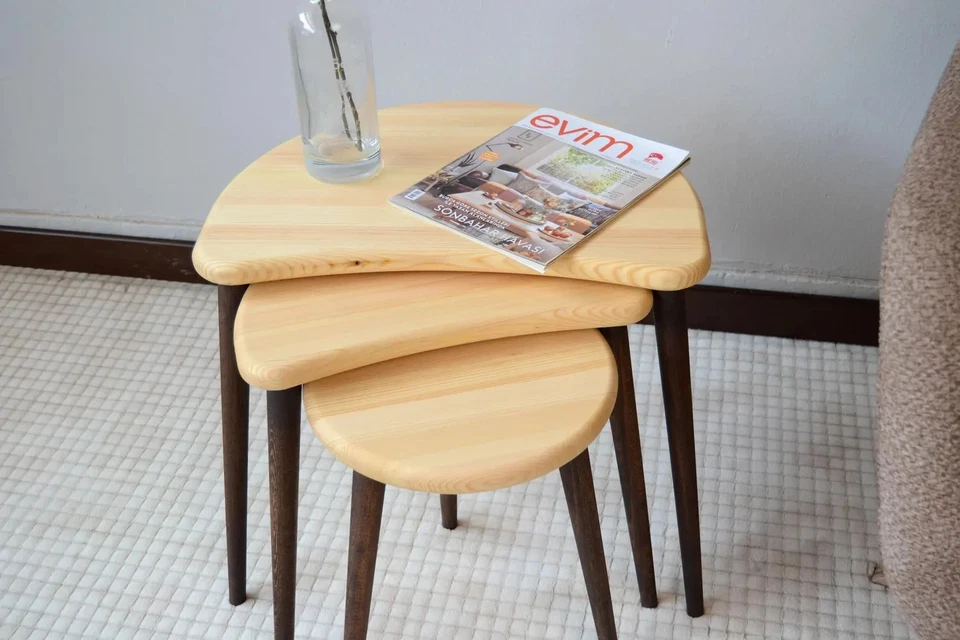 Handmade 3-Piece Solid Wood Nesting Table Set – Natural Pine & Walnut Finish - Image 3 of 4