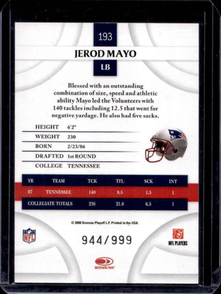2008 Donruss Threads Jerod Mayo Rookie RC Auto #944/999 Patriots - Image 2 of 2