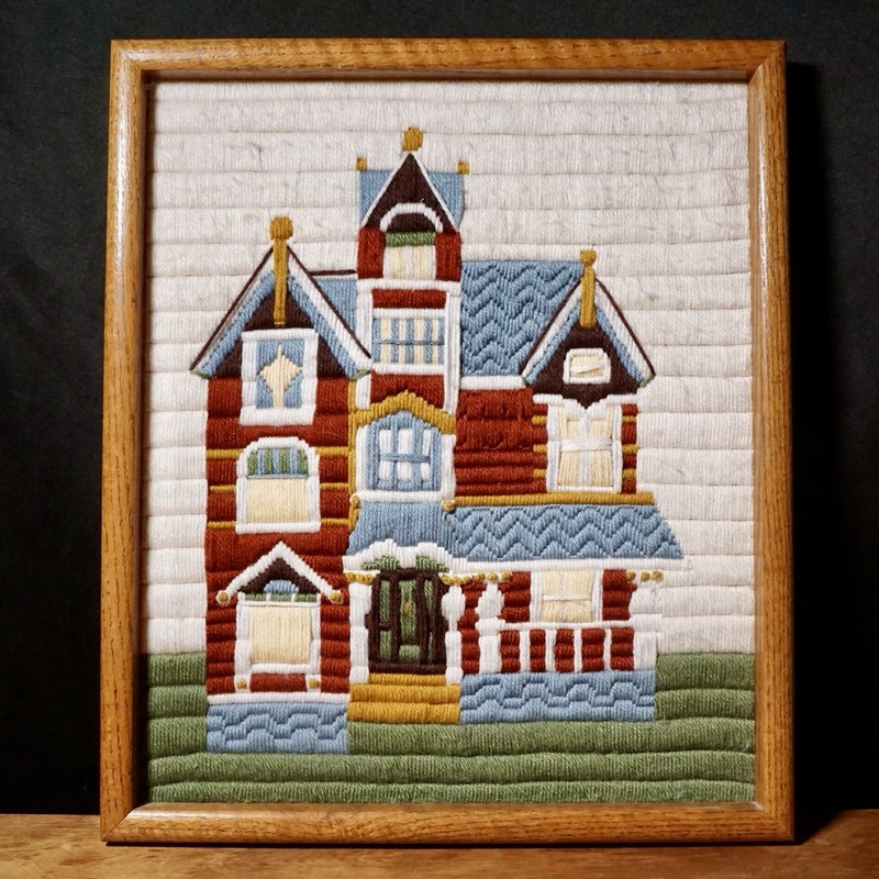 Vintage Handmade Framed Crewel Embroidery Victorian House Farmhouse Country