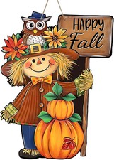 Happy Fall Scarecrow Front Door Sign, Autumn Pumpkin Owl Wood