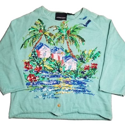 Vintage Michael Simon Palm Tree Beach Beaded Sequin Sweater Cardigan 2002 Sz M