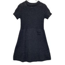 CHANEL Coco Mark S/S Knit Dress Navy 38 Sports Line 09A