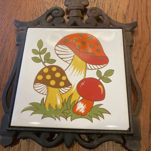 Vintage 1970s Merry Mushroom Tile & Cast Iron Trivet Sears Roebuck Made in Japan image 2