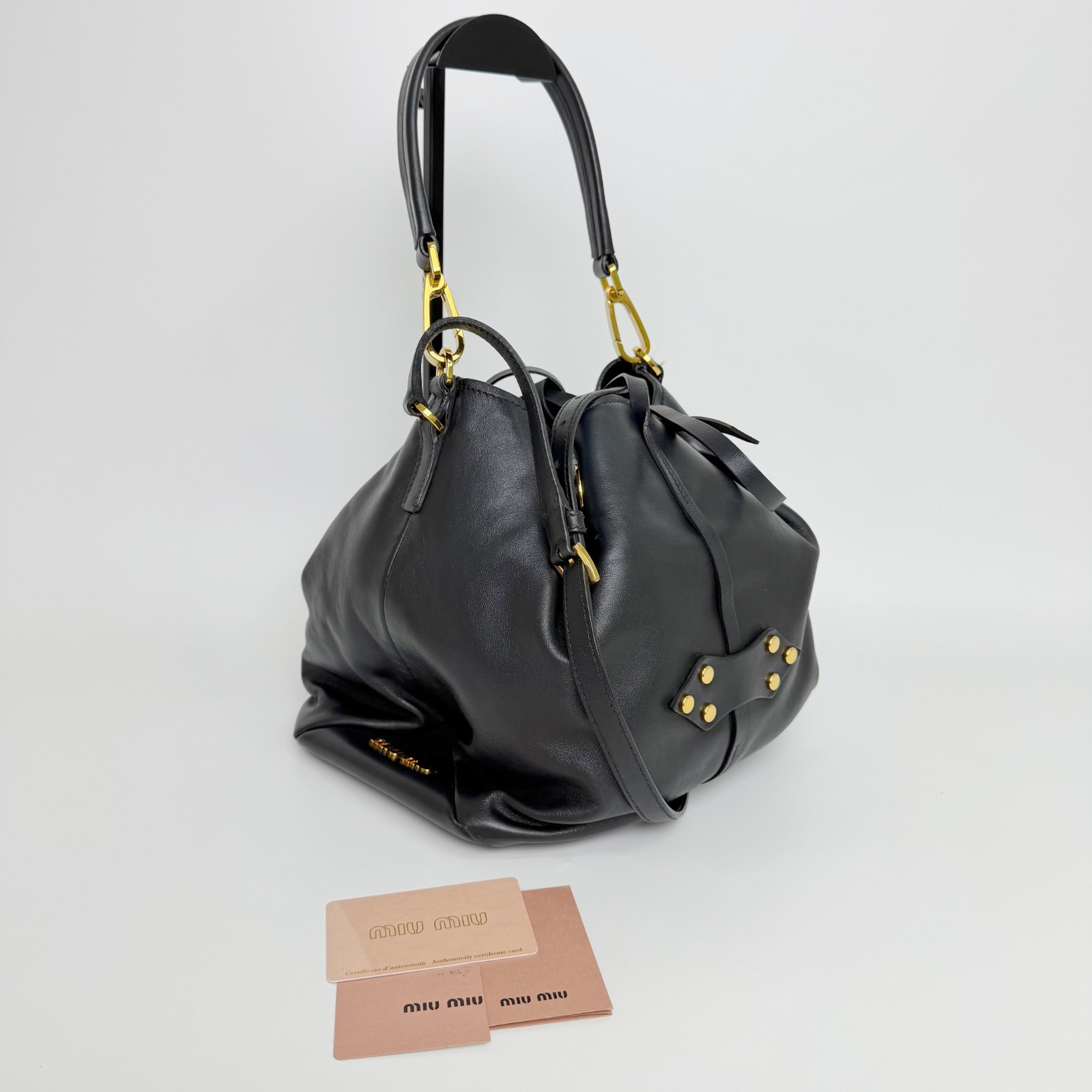 MIU MIU Vitello Studded Black Leather Drawstring 2-Way Bag Red Lining — image 3