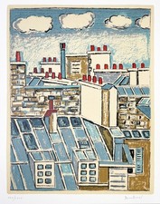 Orfeo TAMBURI "Parigi, tetti blu" 1982  litografia originale firmata 76 x 56 cm