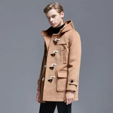 Men's Duffle Hooded Mid-length Coat Woolen Thickened Loose British Cashmere Coat