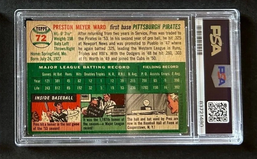 1954 Topps Baseball 72 Preston Ward Pittsburgh Pirates PSA 5 FRESHLY GRADED - Image 2 of 2