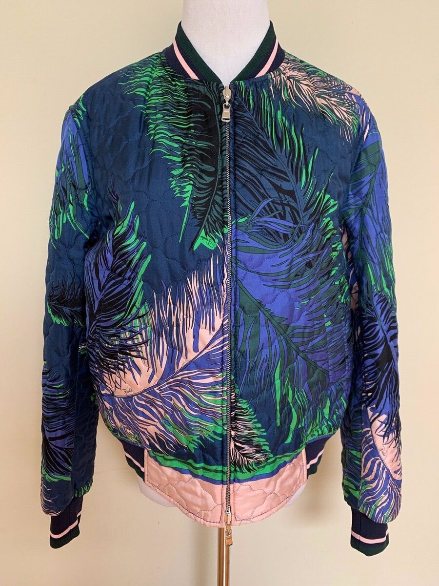Emilio Pucci Feather Print Blue Silk Reversible Zip Bomber Emilio Pucci Feather Print Blue Silk Reversible Zip Bomber