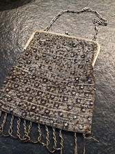 Victorian Metal Beaded Purse With Diamanté Detail And Lined With Silver Satin