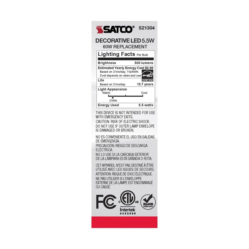 Satco S21304 - 5.5 Watt CA10 LED E12 Clear Bulbs - 2700K (2, 6 or 24 Pack) - Image 3 of 4