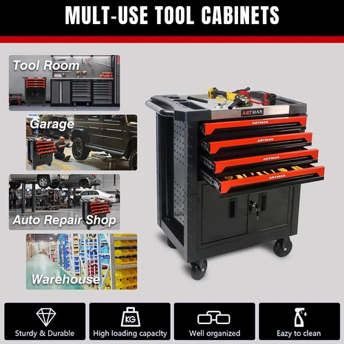 4 -Drawer Rolling Tool Chest Metal Tool Box w/Wheel Tool Cabinet Cart w/Lock - Picture 2 of 16
