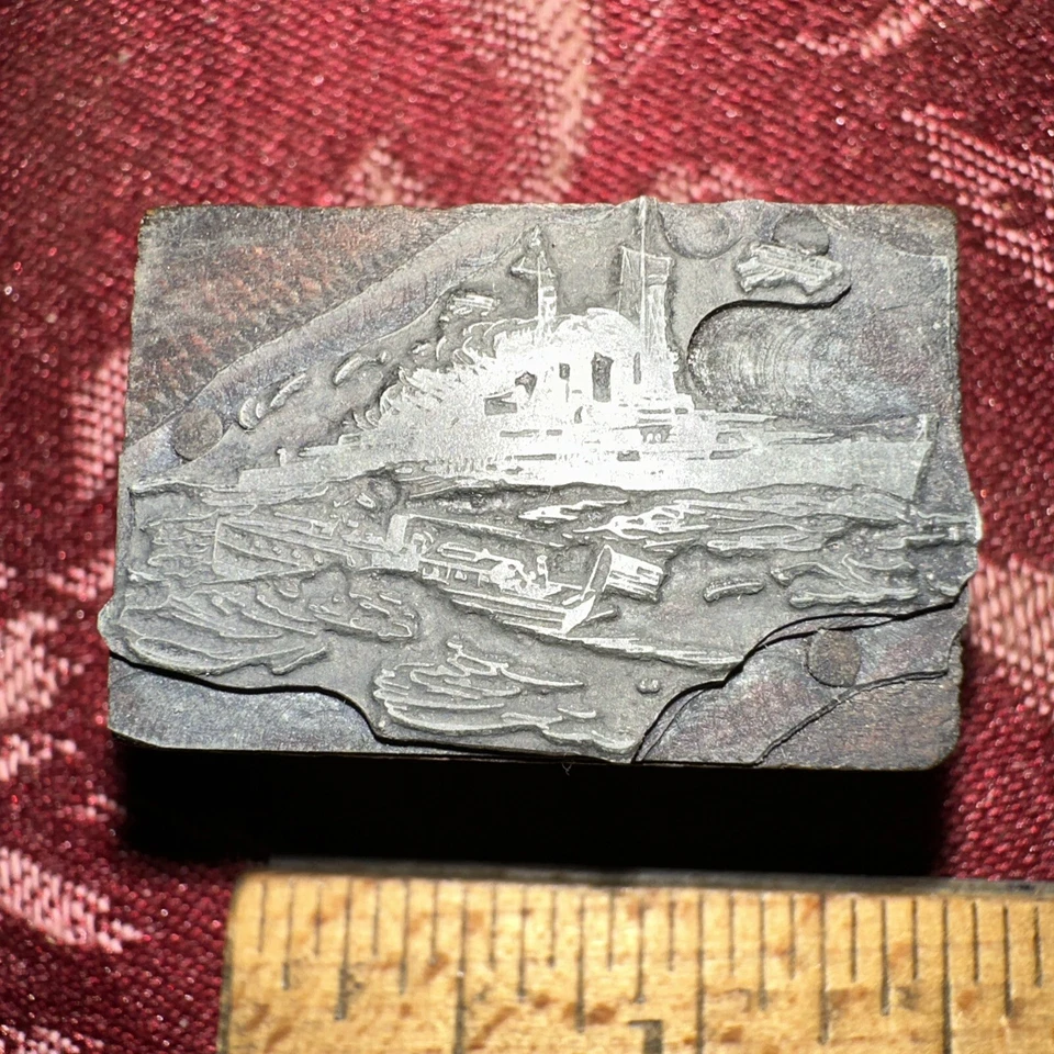 Printing Block “ Large Ship & Smaller Ship “ Airplane in Distance. Nice Image! - Image 3 of 4