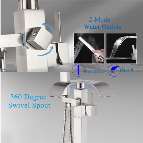 Bathroom Chrome Freestanding Tub Faucet Floor Mounted Bathtub Shower Faucet Set - Picture 12 of 33