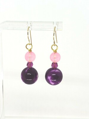 14k Yellow Gold Purple Rain Flower Quartz and Swarovski Crystal Dangle Earrings