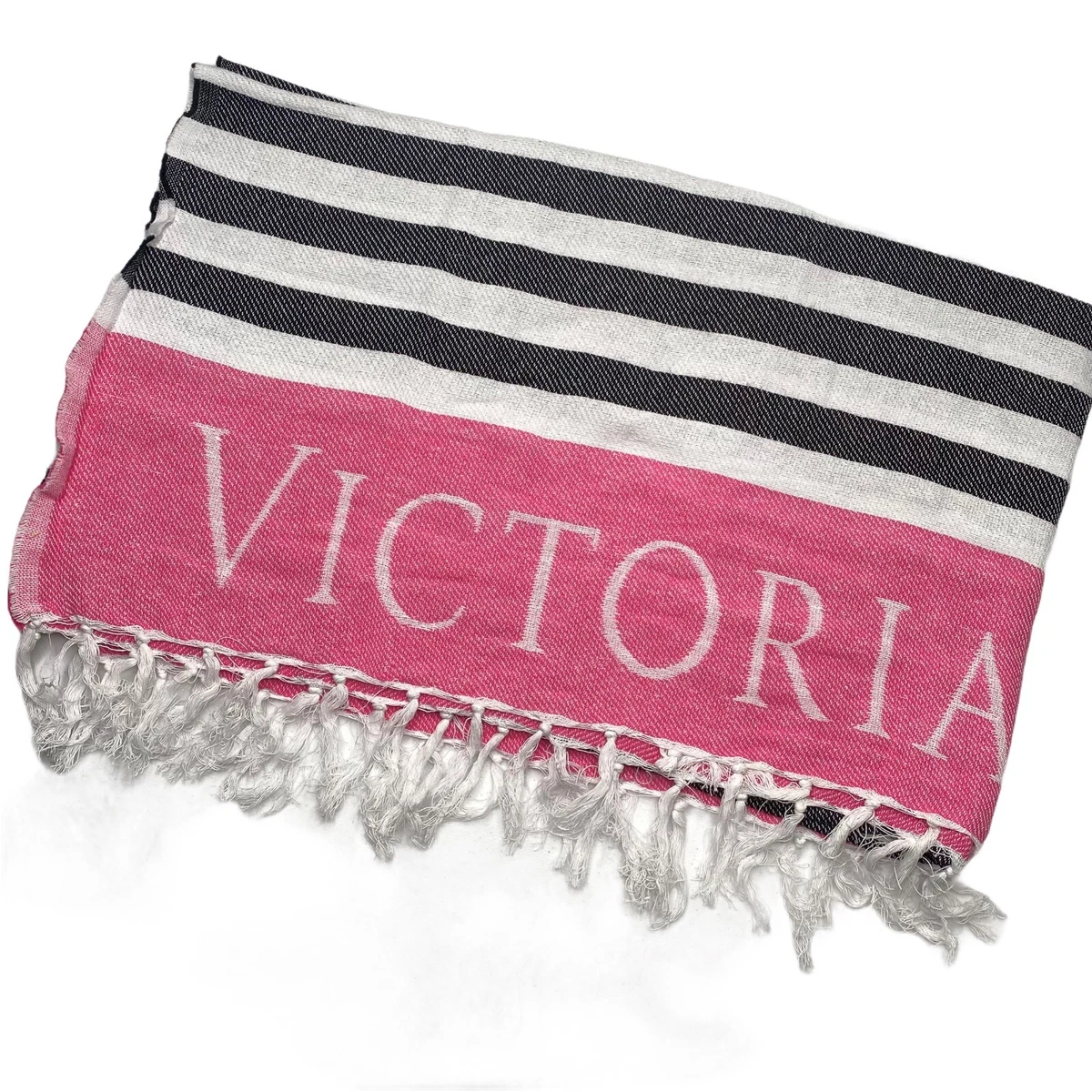 Victorias Secret Beach Blanket Pool Towel Pink Black White Striped 50 x 60 inch